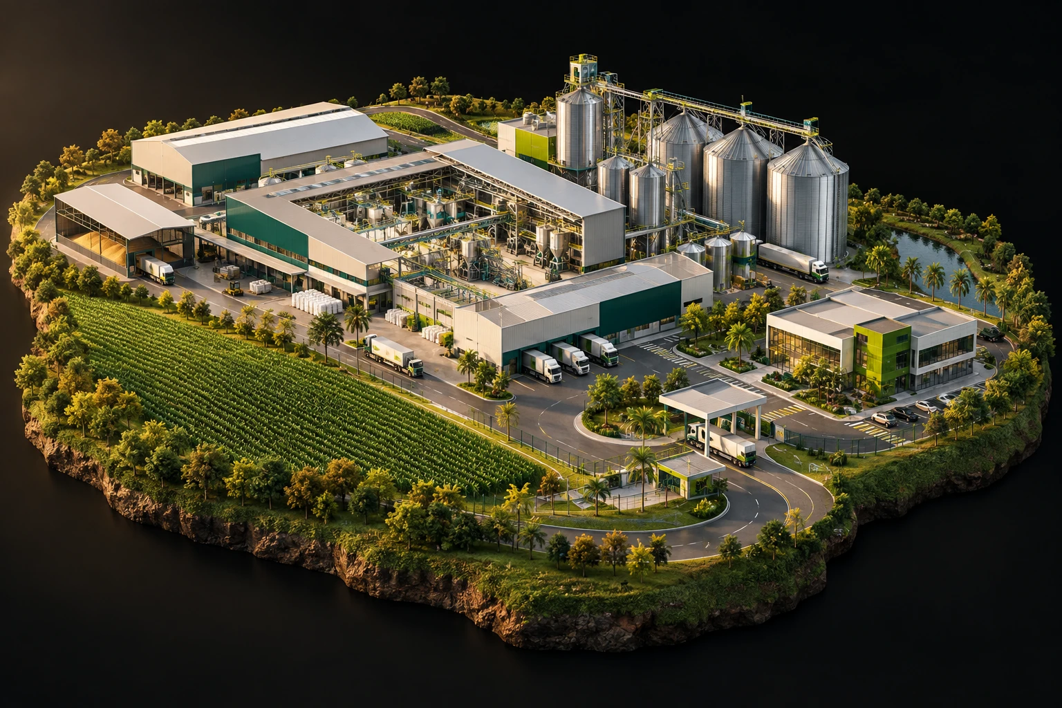 Vista isométrica de uma planta industrial com linha de produção, estoque e expedição.