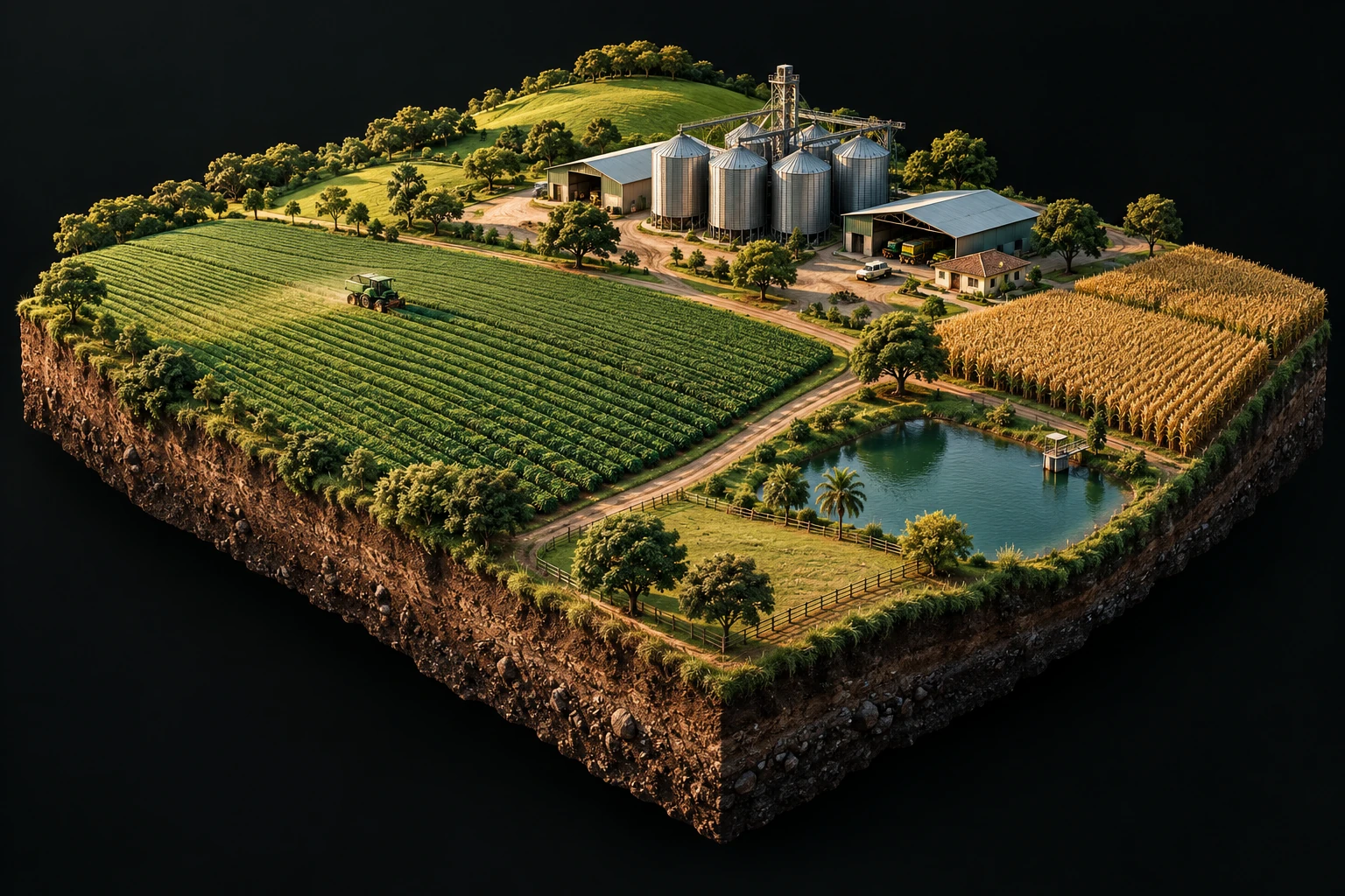 Vista isométrica de uma fazenda com talhões de soja e milho, silos, sede e açude.